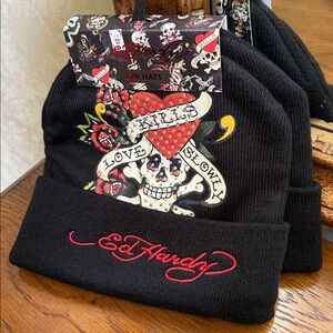 Ed Hardy Black Beanie (2 Pack) Rhinestone Skull/Heart Motif/other Ed Hardy Lion